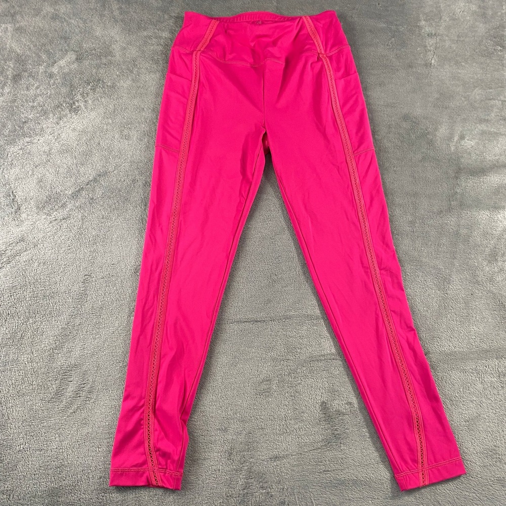 T by Talbots Leggings Womens M Hot Pink High Rise Lace Trim Side Pockets Active
